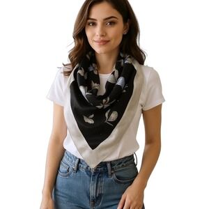 Vintage Satin Floral Scarf Black Blue 
Square Neck Head Bandana Kerchief